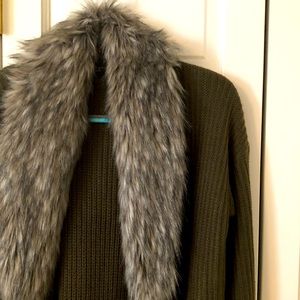 Brave Soul Olive Knit Sweater with Fur Collar
